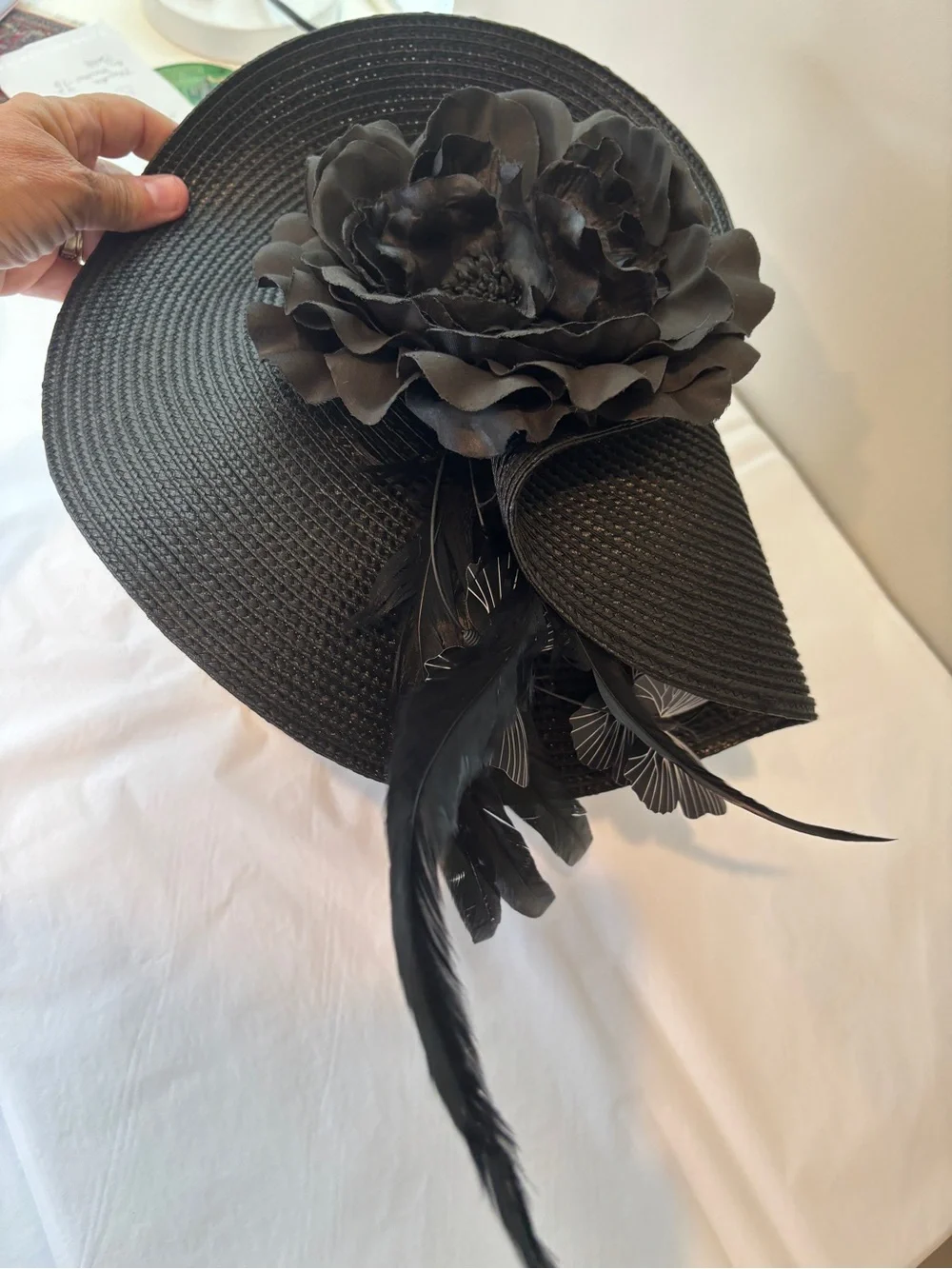 Black Floral Wide-Brim Women’s Hat - Elegant Occasion Headpiece Fascinator